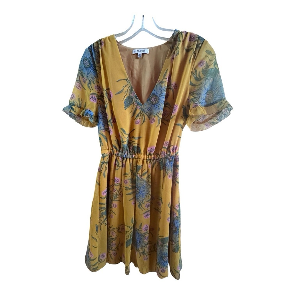 Madewell Sweetgrass Ruffle Sleeve Painted Bloom Yellow Floral Mini Dress Medium